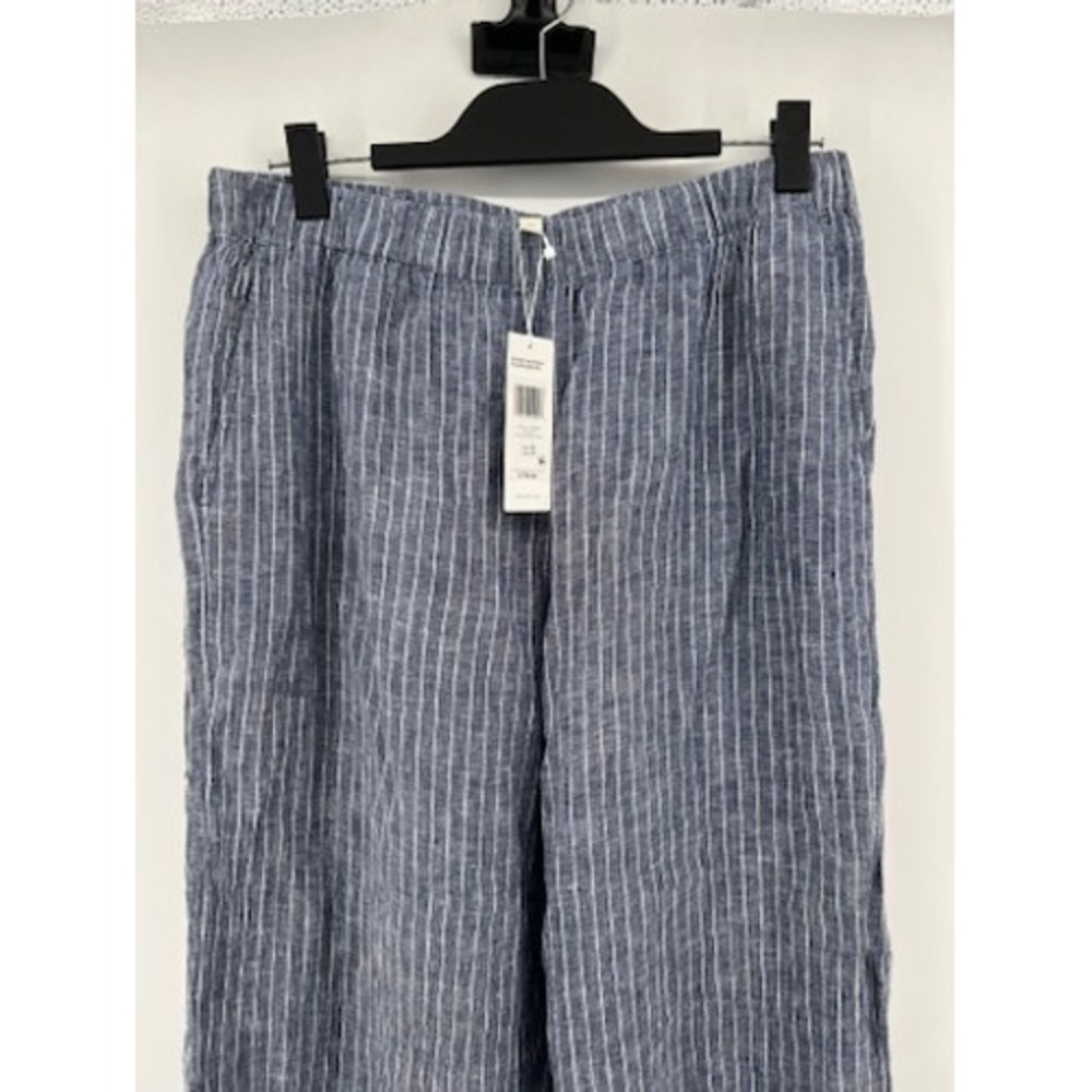 Eileen Fisher Organic Linen Wide Leg Ankle Pants Ocean Blue Pinstripe M NEW